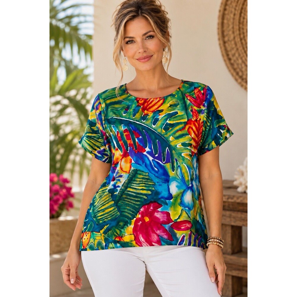 Diane Gilman Collection 100% Silk Water Color Floral Button Blouse Art to wear M